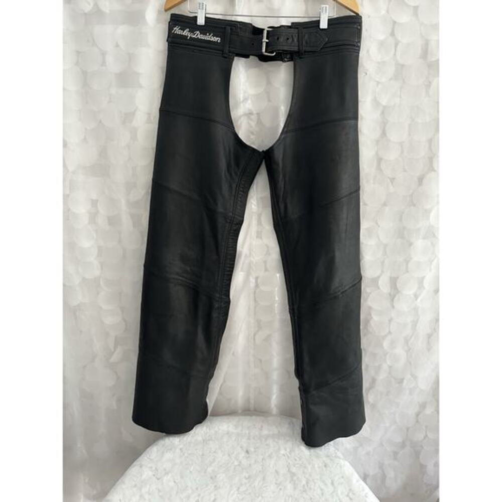 Vintage Harley Davidson Size Medium Black Leather Chaps Side Zips Unisex